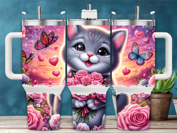 Cute Gray Cat Butterflies 40oz Tumbler Graphics