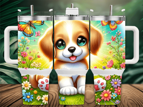 Cute Puppy Spring Floral 40oz Tumbler Graphics for Tumbler Wraps