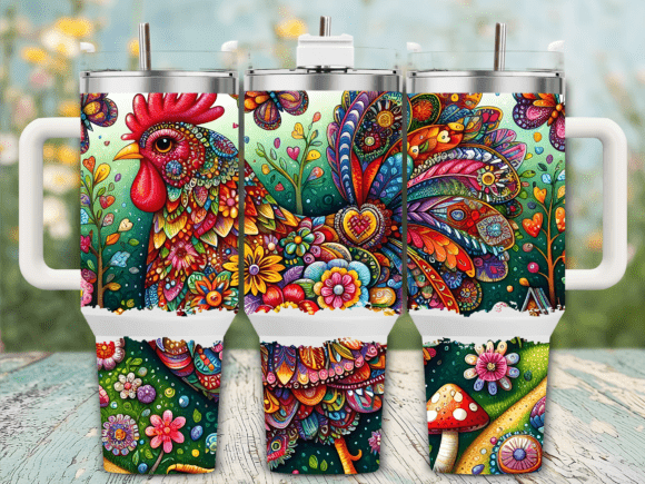 Folk Art Colorful Rooster Tumbler Wrap Graphics
