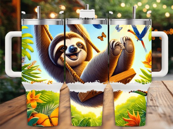 Happy Sloth with Butterflies Tumbler PNG - A Playful Graphic for Tumbler Wraps