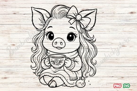 Pig with Flower Cup Svg for Crafts and Graphics