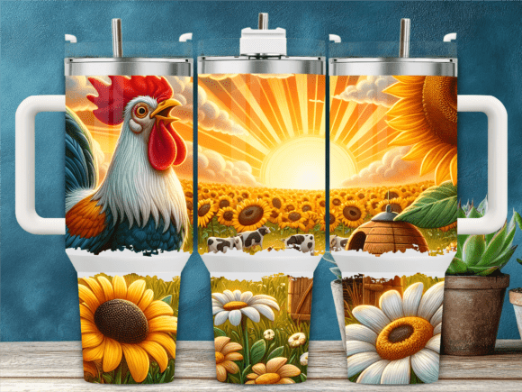 Sunrise Rooster Sunflowers 40oz Tumbler Graphics for Branding