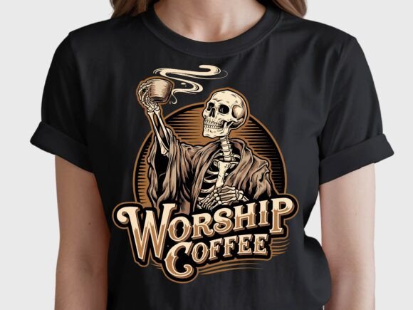 Worship Coffee, Skeleton Holding Cup SVG for T-Shirt Designs